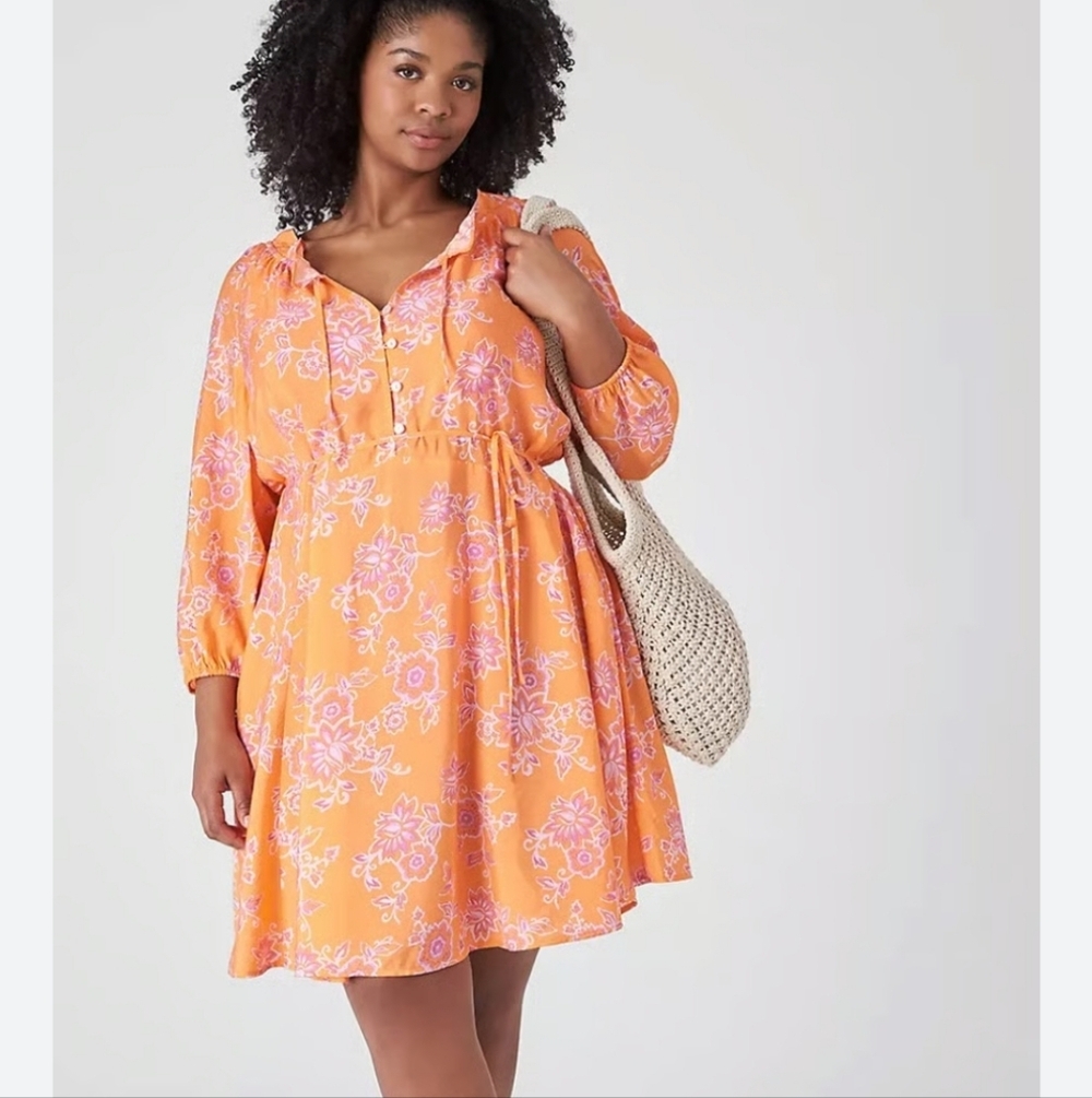 Lane Bryant Mini Dress Womens 22/24 Orange Floral Boho Casual Peasant Travel